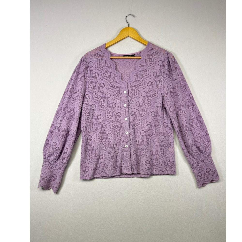 Romantic Victorian Women L Lavender Floral Lace Scalloped Button Front Cardigan
